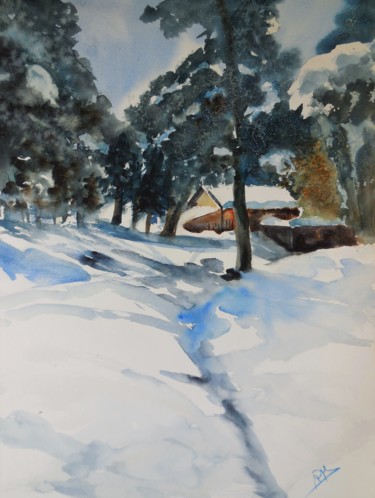 Painting titled "Village nordique de…" by Navema, Original Artwork, Watercolor