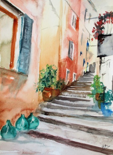 Painting titled "Rue de Monterosso II" by Navema, Original Artwork, Watercolor