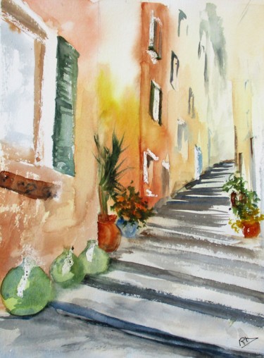 Painting titled "Rue de Monterosso I…" by Navema, Original Artwork, Watercolor