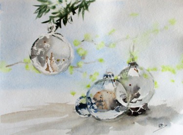Картина под названием "Boules de Noël tran…" - Navema, Подлинное произведение искусства, Акварель