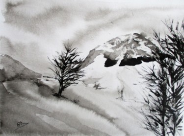 Painting titled "Paysage enneigé I" by Navema, Original Artwork, Ink