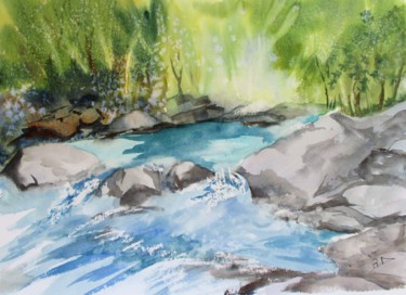 Painting titled "Torrent des Pyrénées" by Navema, Original Artwork, Watercolor