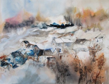 Painting titled "1 ère neige" by Navema, Original Artwork, Watercolor