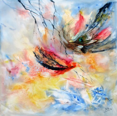 Malerei mit dem Titel "Prête-moi ta plume" von Navema, Original-Kunstwerk, Aquarell Auf Keilrahmen aus Holz montiert