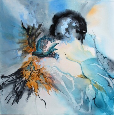 Painting titled "L'oiseau bleu" by Navema, Original Artwork, Watercolor Mounted on Wood Stretcher frame