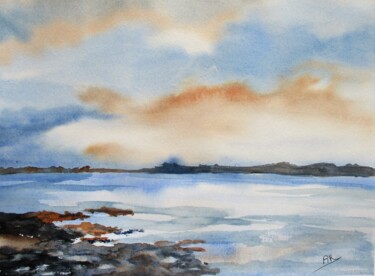 Painting titled "plage à Concarneau" by Navema, Original Artwork, Watercolor