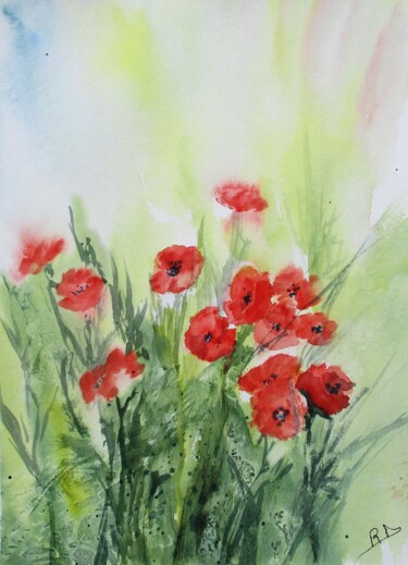 Painting titled "Rouges coquelicots" by Navema, Original Artwork, Watercolor