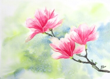 Peinture intitulée "les Magnolias" par Navema, Œuvre d'art originale, Aquarelle