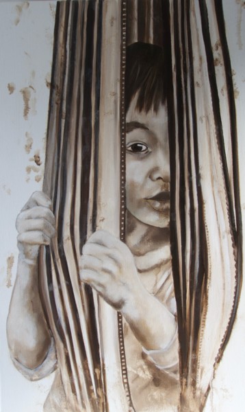 Painting titled ""L'ENFANT DANS LE H…" by Régine Peltier, Original Artwork, Oil Mounted on Wood Stretcher frame