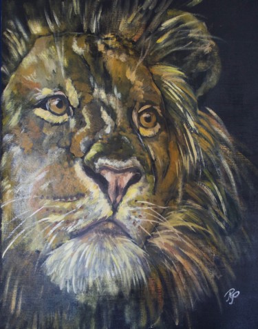 Painting titled "CAMEL LE LION" by Régine Peltier, Original Artwork, Oil Mounted on Wood Stretcher frame