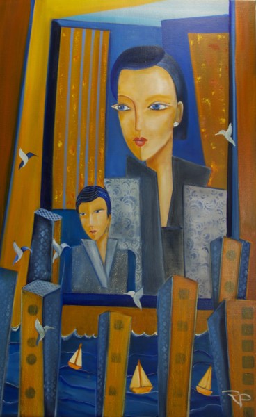 Painting titled "L'ENFANT QUI REVAIT…" by Régine Peltier, Original Artwork, Oil Mounted on Wood Stretcher frame
