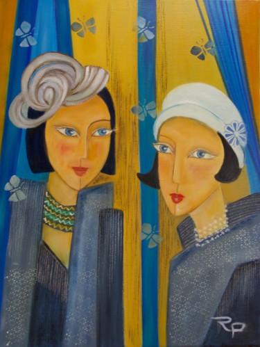 Painting titled "LES COQUETTES" by Régine Peltier, Original Artwork, Oil