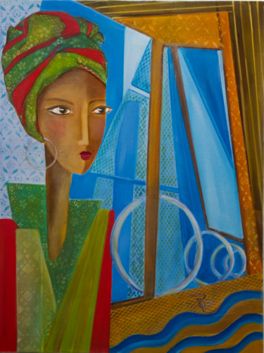 Painting titled "LES ANNEAUX DE LA M…" by Régine Peltier, Original Artwork, Oil Mounted on Wood Stretcher frame