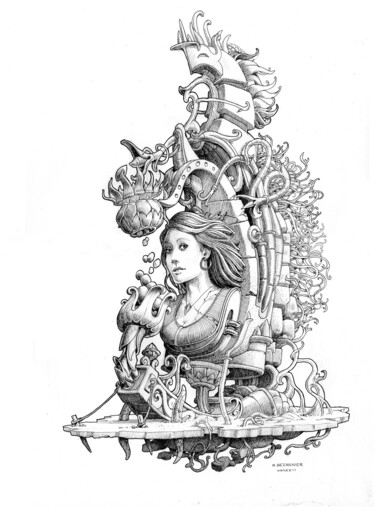 Disegno intitolato ""Portrait flottant"" da Régis Bezannier, Opera d'arte originale, Inchiostro