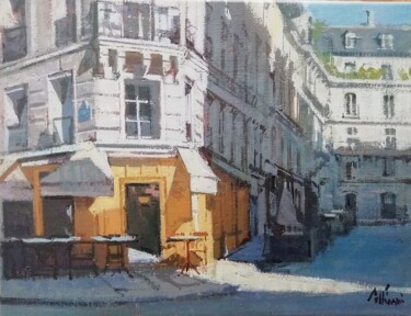 Malerei mit dem Titel "Café dans la Marais" von Régis Pettinari, Original-Kunstwerk, Acryl Auf Keilrahmen aus Holz montiert