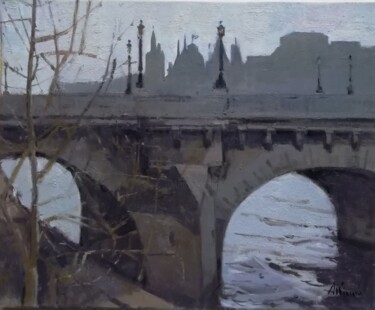 Malerei mit dem Titel "Pont Neuf en hiver" von Régis Pettinari, Original-Kunstwerk, Öl Auf Keilrahmen aus Holz montiert