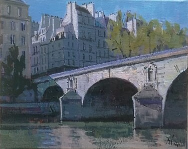 Painting titled "Pont Marie matin" by Régis Pettinari, Original Artwork, Oil Mounted on Wood Stretcher frame