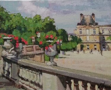 Painting titled "Jardin du Luxembour…" by Régis Pettinari, Original Artwork, Oil Mounted on Wood Stretcher frame