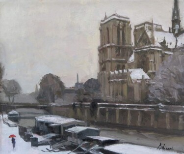 Peinture intitulée "Notre Dame enneigée" par Régis Pettinari, Œuvre d'art originale, Huile
