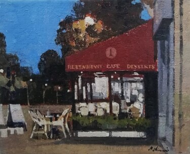 Painting titled "Café de nuit" by Régis Pettinari, Original Artwork, Oil Mounted on Wood Stretcher frame