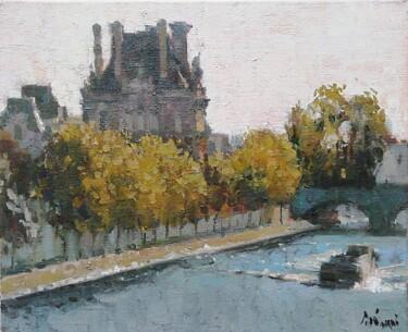 Painting titled "Sur la Seine au Lou…" by Régis Pettinari, Original Artwork, Oil Mounted on Wood Stretcher frame