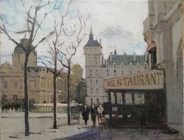 Painting titled "Place du Chatelet" by Régis Pettinari, Original Artwork, Oil Mounted on Wood Stretcher frame