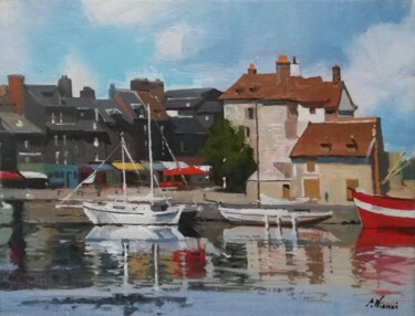 Painting titled "Honfleur" by Régis Pettinari, Original Artwork, Oil Mounted on Wood Stretcher frame