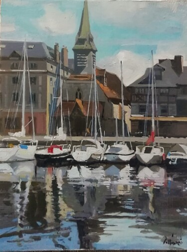 Painting titled "Bateaux et clocher…" by Régis Pettinari, Original Artwork, Oil Mounted on Wood Stretcher frame