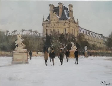 Painting titled "Neige aux Tuileries" by Régis Pettinari, Original Artwork, Oil Mounted on Wood Stretcher frame