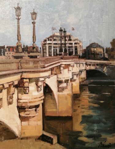 Painting titled "Pont Neuf et Samari…" by Régis Pettinari, Original Artwork, Oil Mounted on Wood Stretcher frame