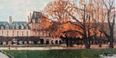 Картина под названием "Place des Vosges au…" - Régis Pettinari, Подлинное произведение искусства, Масло Установлен на Деревя…