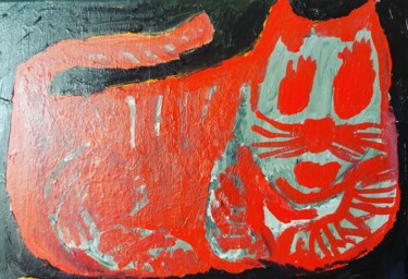 Painting titled "red cat" by Régis Duprat, Original Artwork, Acrylic