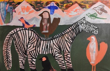 Peinture intitulée "le cheval et les oi…" par Régis Duprat, Œuvre d'art originale, Acrylique Monté sur Châssis en bois