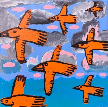 Painting titled "orange birds fly in…" by Régis Duprat, Original Artwork, Acrylic Mounted on Wood Stretcher frame