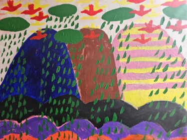 Pintura titulada "Oiseaux et la pluie" por Régis Duprat, Obra de arte original, Acrílico Montado en Bastidor de camilla de m…