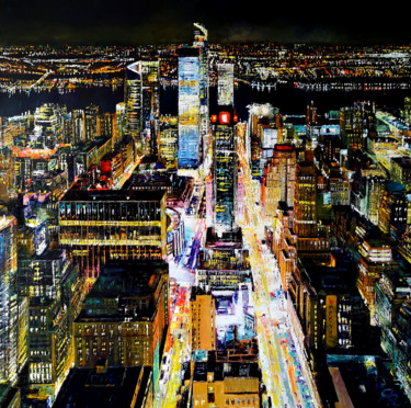Painting titled "NEW YORK SEVEN" by Regis Rigaux, Original Artwork, Oil Mounted on Wood Stretcher frame