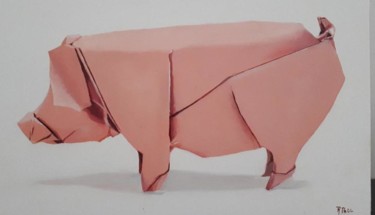 Painting titled "origami pig" by R.Paül, Original Artwork, Oil