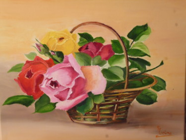 Peinture intitulée "panier de roses" par Reine, Œuvre d'art originale