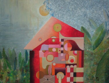 Painting titled "red heart X - house…" by Reiner Makarowski, Original Artwork, Oil