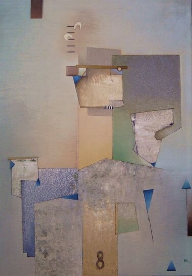 Malerei mit dem Titel "Acht blaue Dreiecke" von Reiner Makarowski, Original-Kunstwerk, Öl
