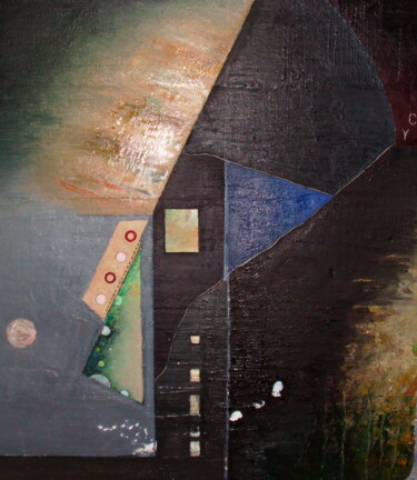 Malerei mit dem Titel "Mit blauem Dreieck" von Reiner Makarowski, Original-Kunstwerk, Öl