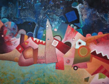 Malerei mit dem Titel "Mit roter Spur" von Reiner Makarowski, Original-Kunstwerk, Öl