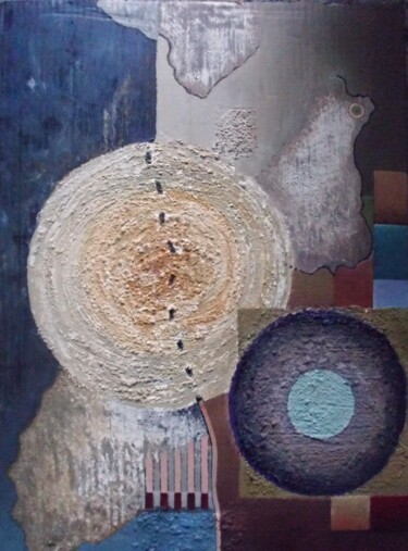 Schilderij getiteld "with two big circles" door Reiner Makarowski, Origineel Kunstwerk, Olie