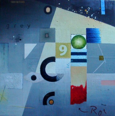 Malerei mit dem Titel "grey-bleu-rot" von Reiner Makarowski, Original-Kunstwerk, Öl
