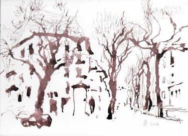 Drawing titled "Alte Straße in Berl…" by Reiner Poser, Original Artwork, Ink Mounted on Wood Panel