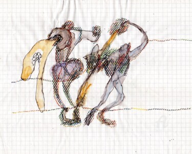 Рисунок под названием "Lustige Gesellen" - Reiner Poser, Подлинное произведение искусства, Цветные карандаши