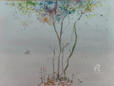 Malerei mit dem Titel "Baumgruppe mit Reit…" von Reiner Poser, Original-Kunstwerk, Aquarell