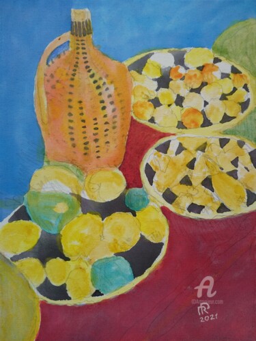 Malerei mit dem Titel "FRUITS AND bOTTLE" von Reiner Poser, Original-Kunstwerk, Aquarell