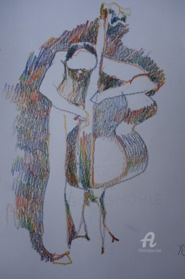 Рисунок под названием "The bassman" - Reiner Poser, Подлинное произведение искусства, Цветные карандаши