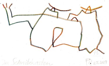 Tekening getiteld "Im Schwitzkasten" door Reiner Poser, Origineel Kunstwerk, Gelpen